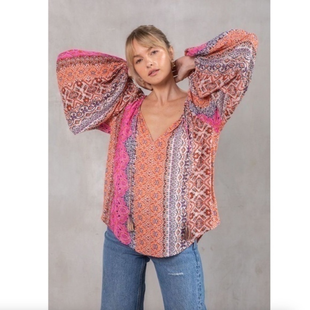 Lovestitch Hippie at Heart Volume Sleeve Bohemian Blouse Size Small